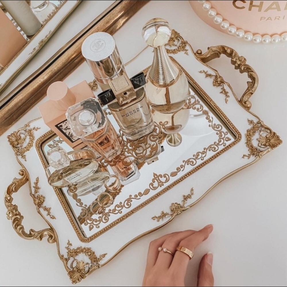 Ornate Gold and White Decorative Vanity Tray - Elegant Home Accent